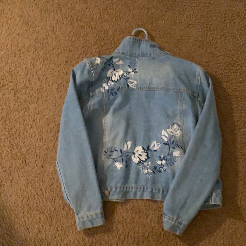 Blue "Say What?" denim floral jacket women's small